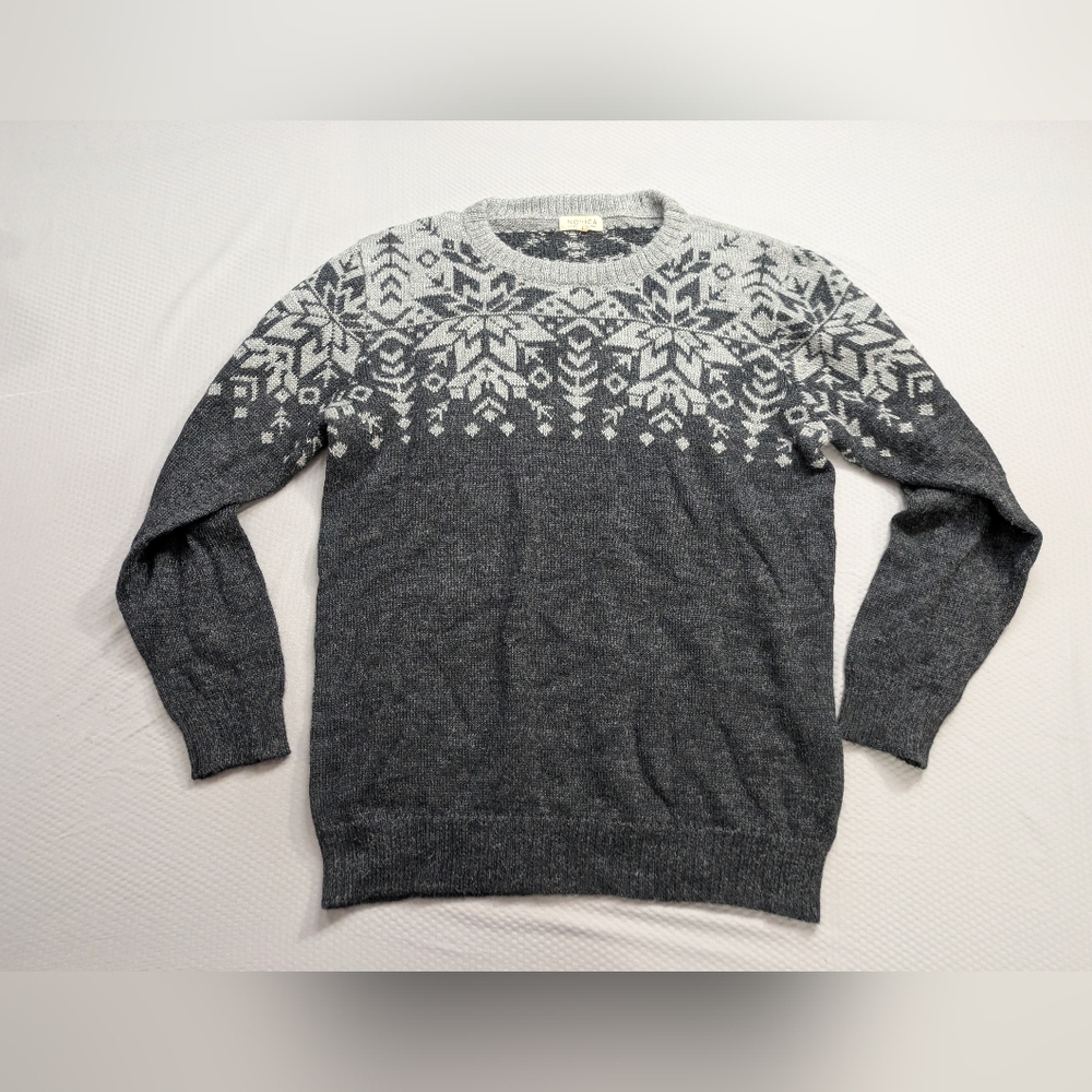 Novica 100% Alpaca Sweater L Gray Peru Fair Isle Nordic Crewneck Pullover